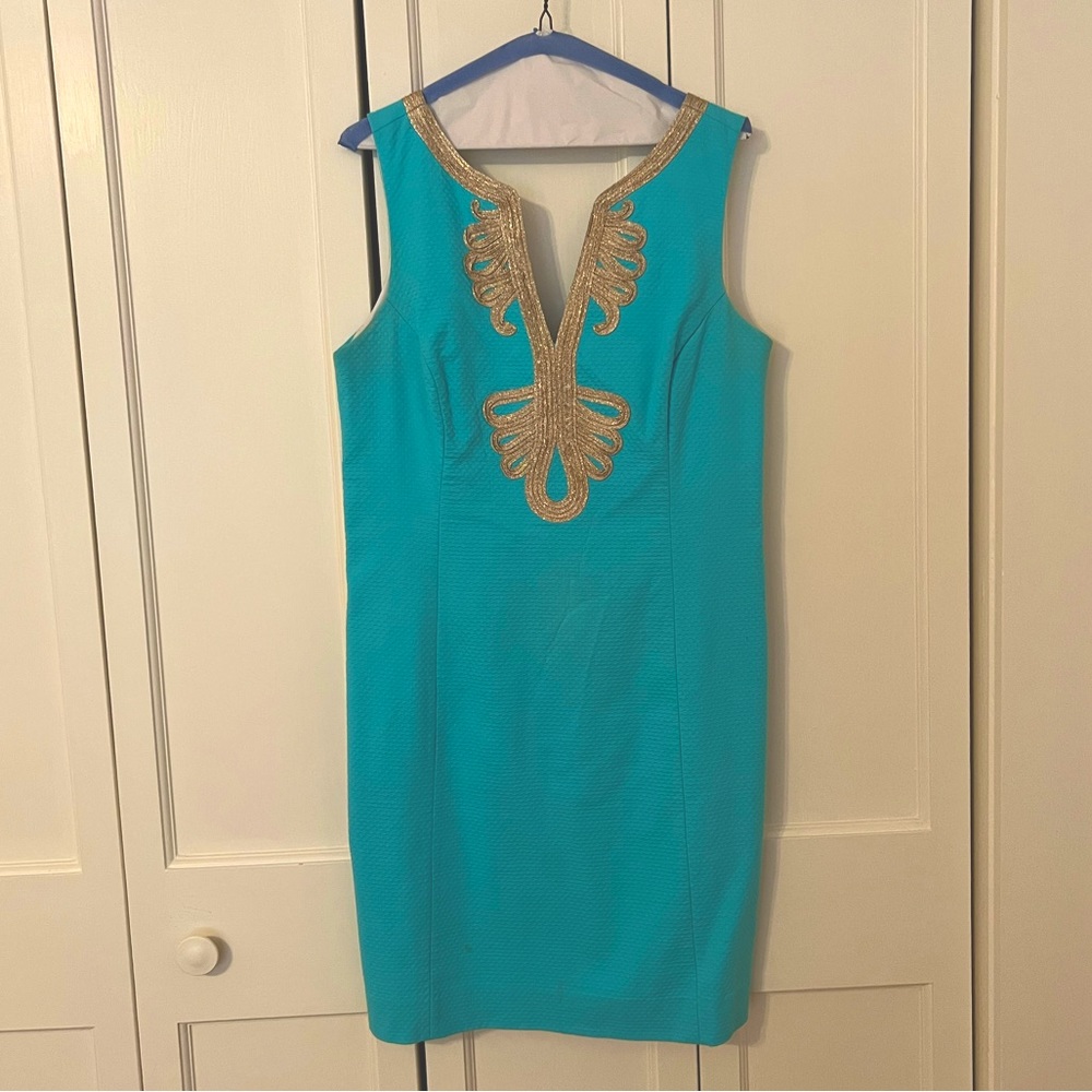 Lilly Pulitzer aqua shift dress with gold brocade trim size 12